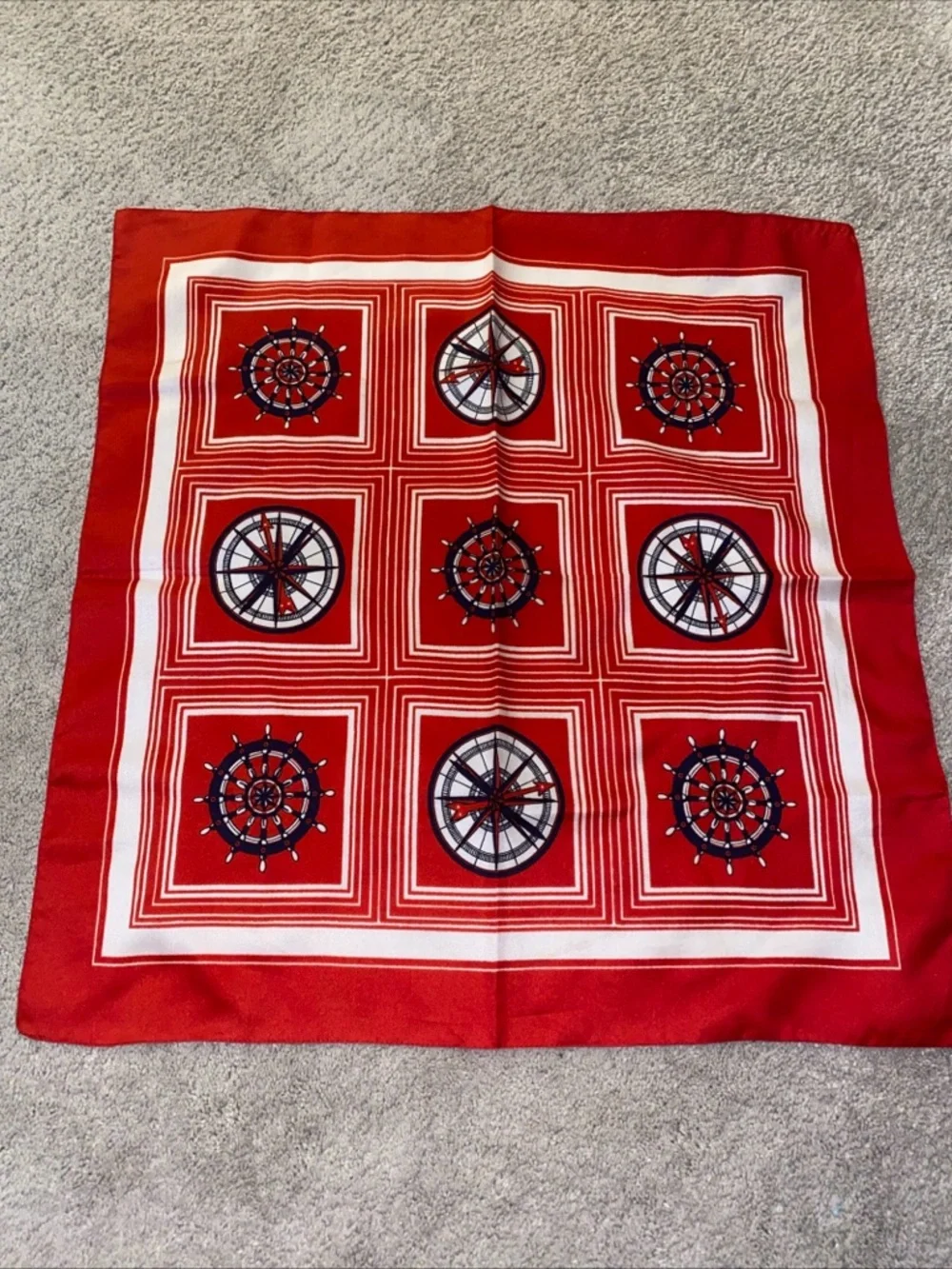 Vintage‎ Nautical Compass Helm Square Scarf, Red White Blue Made In Italy